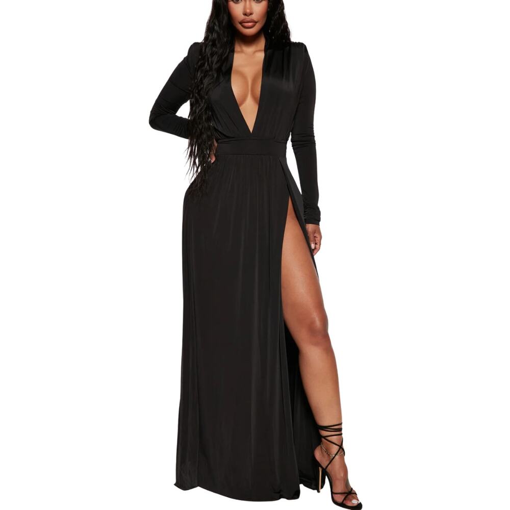 Fashion Nova NWT Spree Dress Black High Slit Morticia Gown Long Sleeve Sz XL